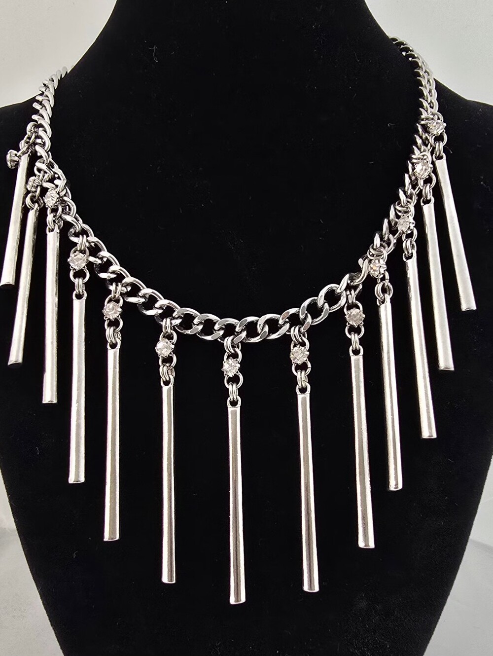 Bebe - Silver w/ Crystal Accents Bar Fringe Necklace